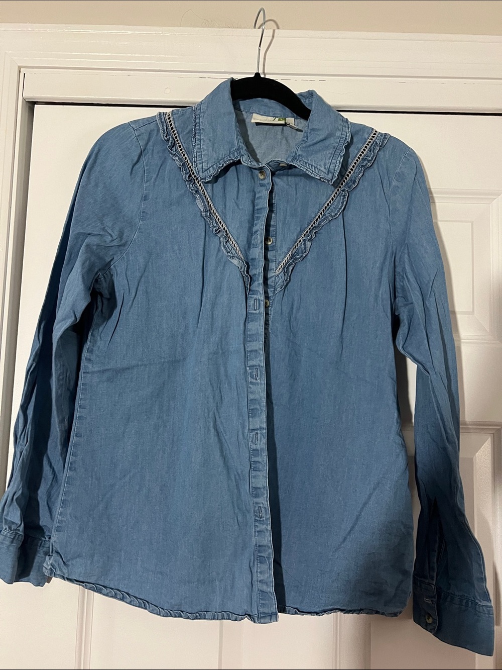 sahalie Light Blue Denim Button-Down Shirt with Ruffle Trim